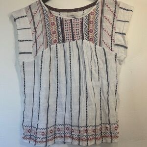 Boho Embroidered White Stripe Cap-Sleeve Tunic Top Hippie Minimalist Beach